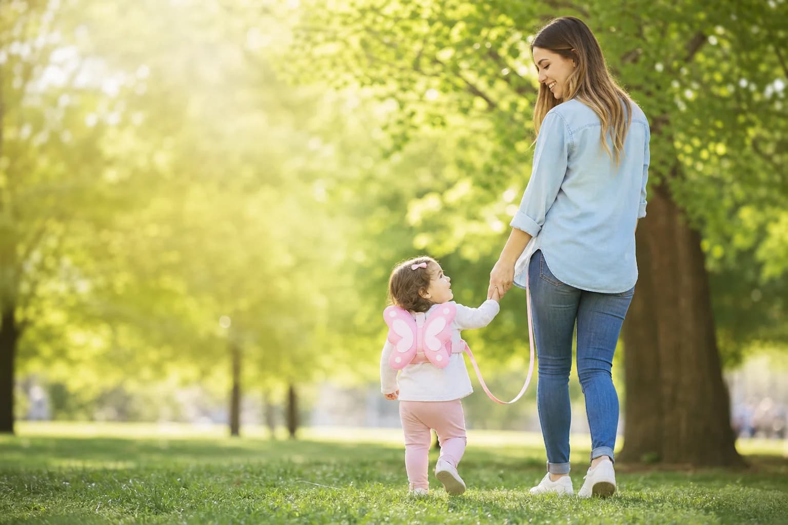 Mother and toddler walking together in a sunny park wearing the butterfly safety harness backpack